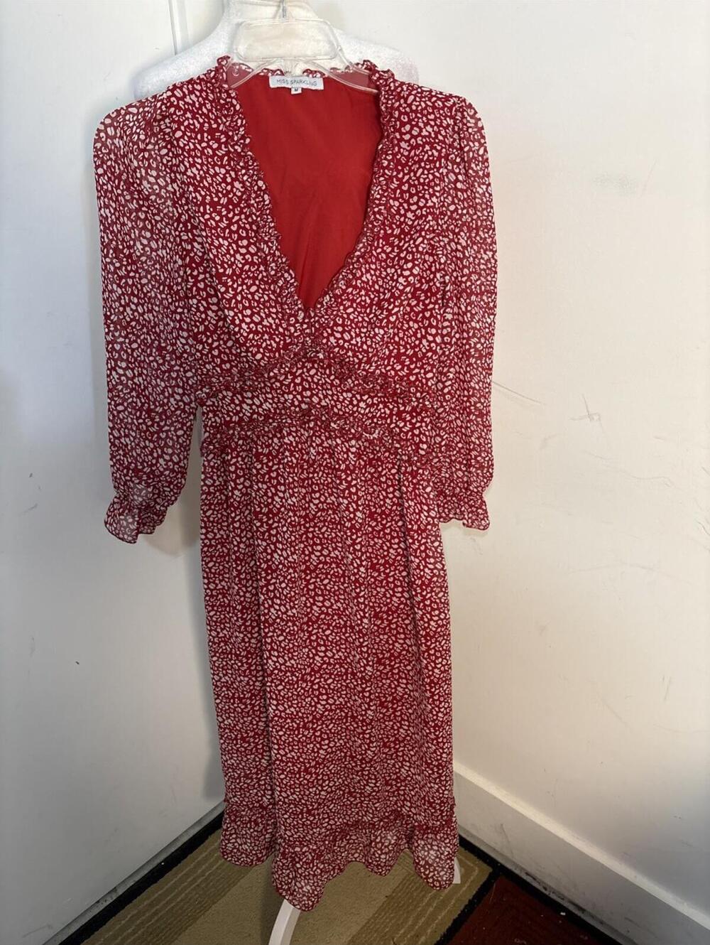 Miss Sparkling Long Sleeve Dress Red/ White Size M Ruffles Cottage